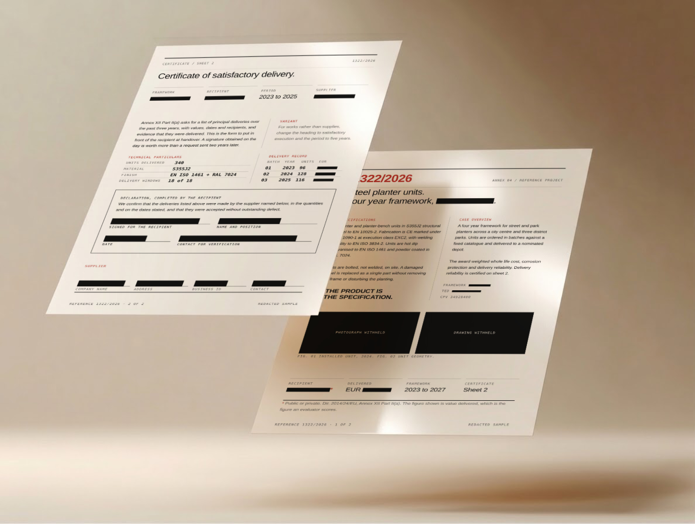 The two sheets of a reference project annex, shown at an angle.
              The record, and the certificate of satisfactory delivery that
              goes with it, with the client, the contract values and the
              notice references blacked out.